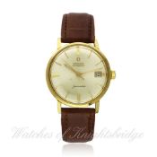 A GENTLEMAN`S 18K SOLID GOLD OMEGA SEAMASTER AUTOMATIC WRISTWATCH CIRCA 1960s D: Silver dial with