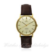 A GENTLEMAN`S 9CT SOLID GOLD OMEGA GENEVE WRISTWATCH CIRCA 1960s  D: Silver dial with black inlaid