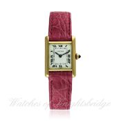 A LADIES 18K SOLID GOLD CARTIER PARIS TANK WRIST WATCH CIRCA 1970s D: White dial with applied