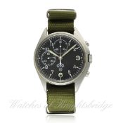 A GENTLEMAN`S STAINLESS STEEL CWC MILITARY CHRONOGRAPH WRISTWATCH CIRCA 2000 D: Black dial with