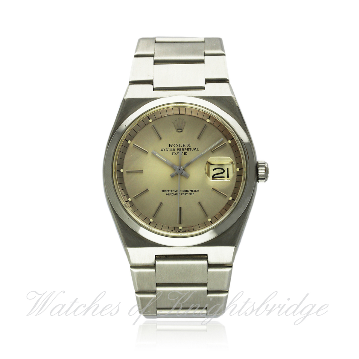 A RARE GENTLEMAN`S STAINLESS STEEL ROLEX OYSTER PERPETUAL DATE BRACELET WATCH CIRCA 1974, REF.