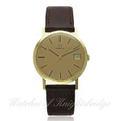 A GENTLEMAN`S 9CT SOLID GOLD OMEGA WRIST WATCH CIRCA 1980 D: Champagne dial with black inlaid gilt