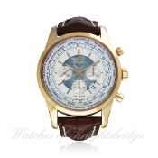 A FINE GENTLEMAN`S 18K SOLID ROSE GOLD BREITLING TRANSOCEAN UNITIME CHRONOGRAPH WRIST WATCH DATED