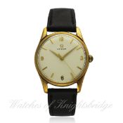 A GENTLEMAN`S 9CT SOLID GOLD OMEGA WRIST WATCH CIRCA 1960, REF. 119341 D: Silver dial with gilt