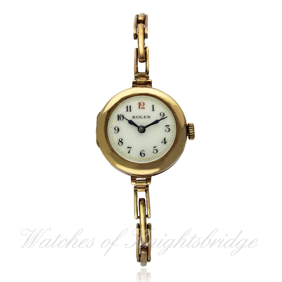 A LADIES 9CT SOLID GOLD ROLEX BRACELET WATCH CIRCA 1920s D: White enamel dial with applied Arabic