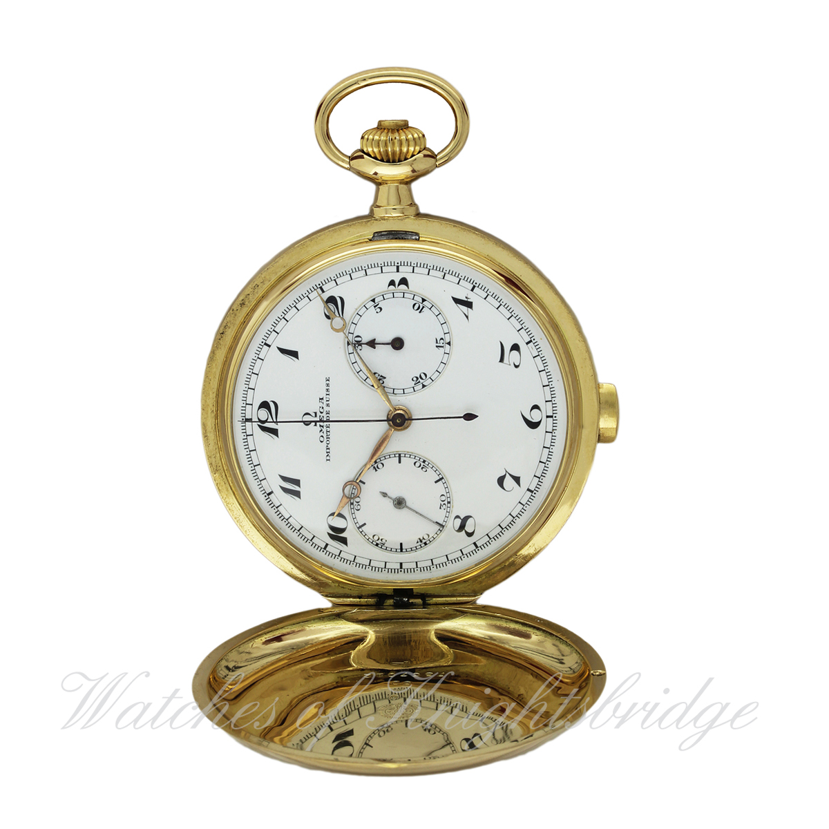 A FINE & RARE GENTLEMAN`S 18K SOLID GOLD FULL HUNTER OMEGA CHRONOGRAPH POCKET WATCH CIRCA 1916, REF.