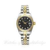 A LADIES STEEL, GOLD & DIAMOND ROLEX OYSTER PERPETUAL DATEJUST BRACELET WATCH DATED 1987, REF. 69173