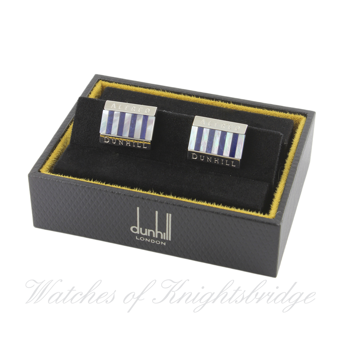 TWO PAIRS OF SOLID SILVER ALFRED DUNHILL CUFFLINKS IN ORIGINAL BOXES One set with mother of