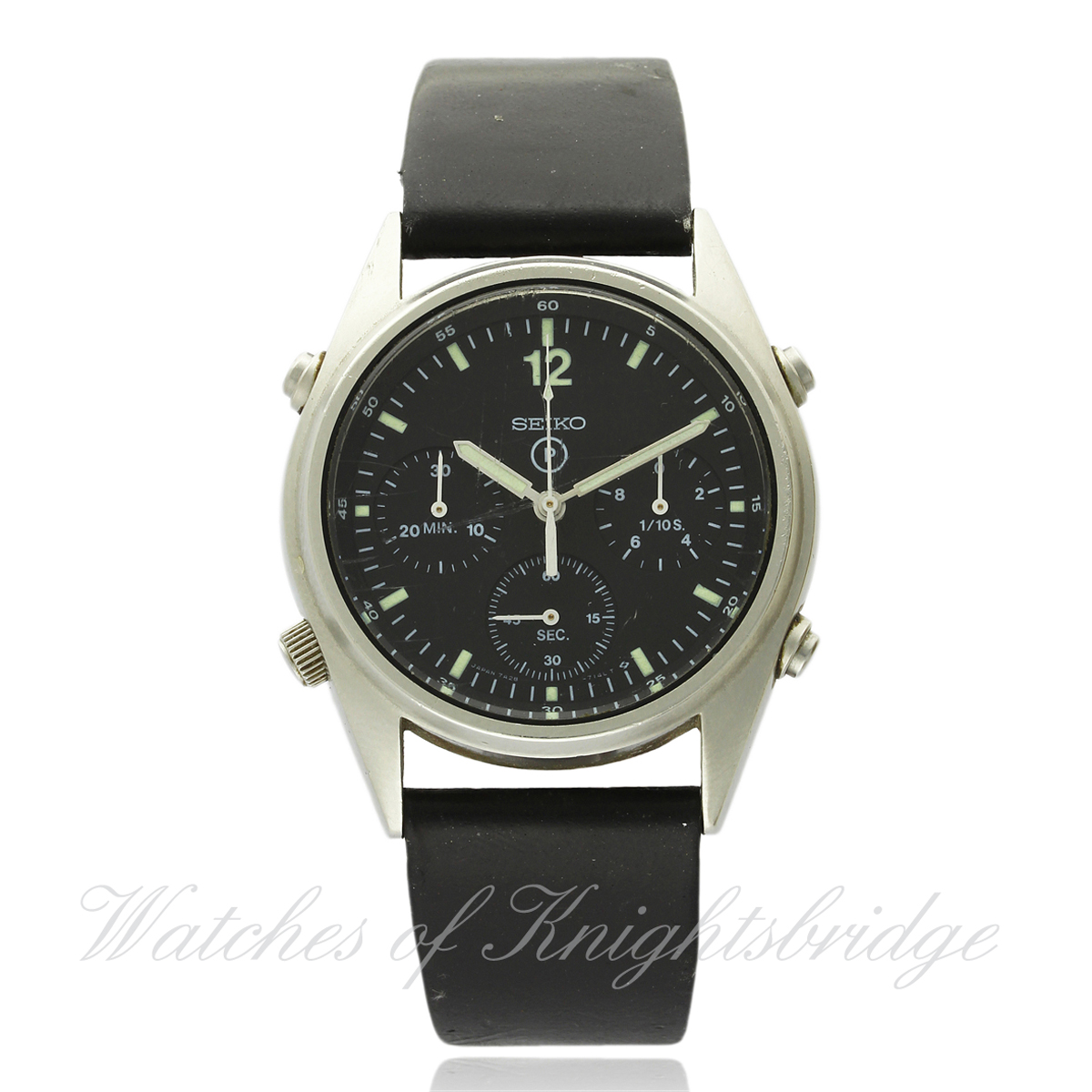 A GENTLEMAN`S STAINLESS STEEL BRITISH MILITARY SEIKO CHRONOGRAPH PILOTS WRIST WATCH DATED 1986 D: