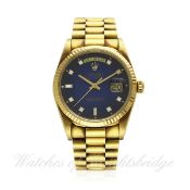 A GENTLEMAN`S 18K SOLID GOLD & DIAMOND ROLEX OYSTER PERPETUAL DAY DATE BRACELET WATCH DATED 1988,