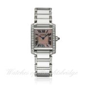 A LADIES STAINLESS STEEL & DIAMOND CARTIER TANK FRANCAISE BRACELET WATCH DATED 2008, REF. 2384