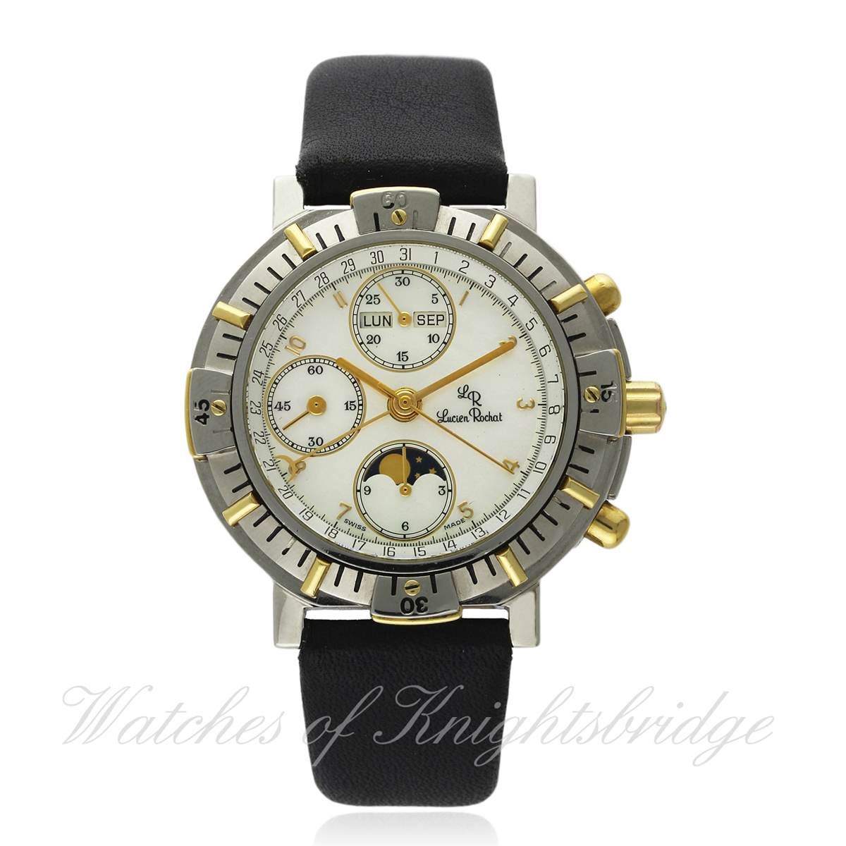 A GENTLEMAN`S STEEL & GOLD LUCIEN ROCHAT MOONPHASE TRIPLE CALENDAR CHRONOGRAPH WRIST WATCH CIRCA