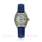 A LADIES STAINLESS STEEL & DIAMOND ROLEX OYSTER PERPETUAL DATEJUST WRIST WATCH CIRCA 1996, REF.