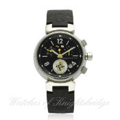 A LADIES STAINLESS STEEL LOUIS VUITTON TAMBOUR CUP CHRONOGRAPH WRIST WATCH DATED 2013, REF. Q132G