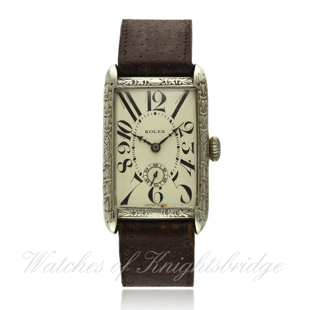 A LARGE & RARE GENTLEMAN`S SOLID SILVER RECTANGULAR ROLEX WRIST WATCH CIRCA 1920s D: Silver dial