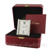 A LES PENDULETTE CARTIER ALARM DESK / TRAVEL CLOCK CIRCA 2009, REF. 3113 WITH ORIGINAL BOX AND