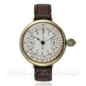 A RARE GENTLEMAN`S SINGLE BUTTON CHRONOGRAPH WRIST WATCH CIRCA 1920s D: White enamel dial with