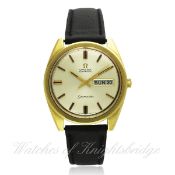 A GENTLEMAN`S STEEL & GOLD PLATED OMEGA SEAMASTER DAY DATE AUTOMATIC WRIST WATCH CIRCA 1969, REF. CD