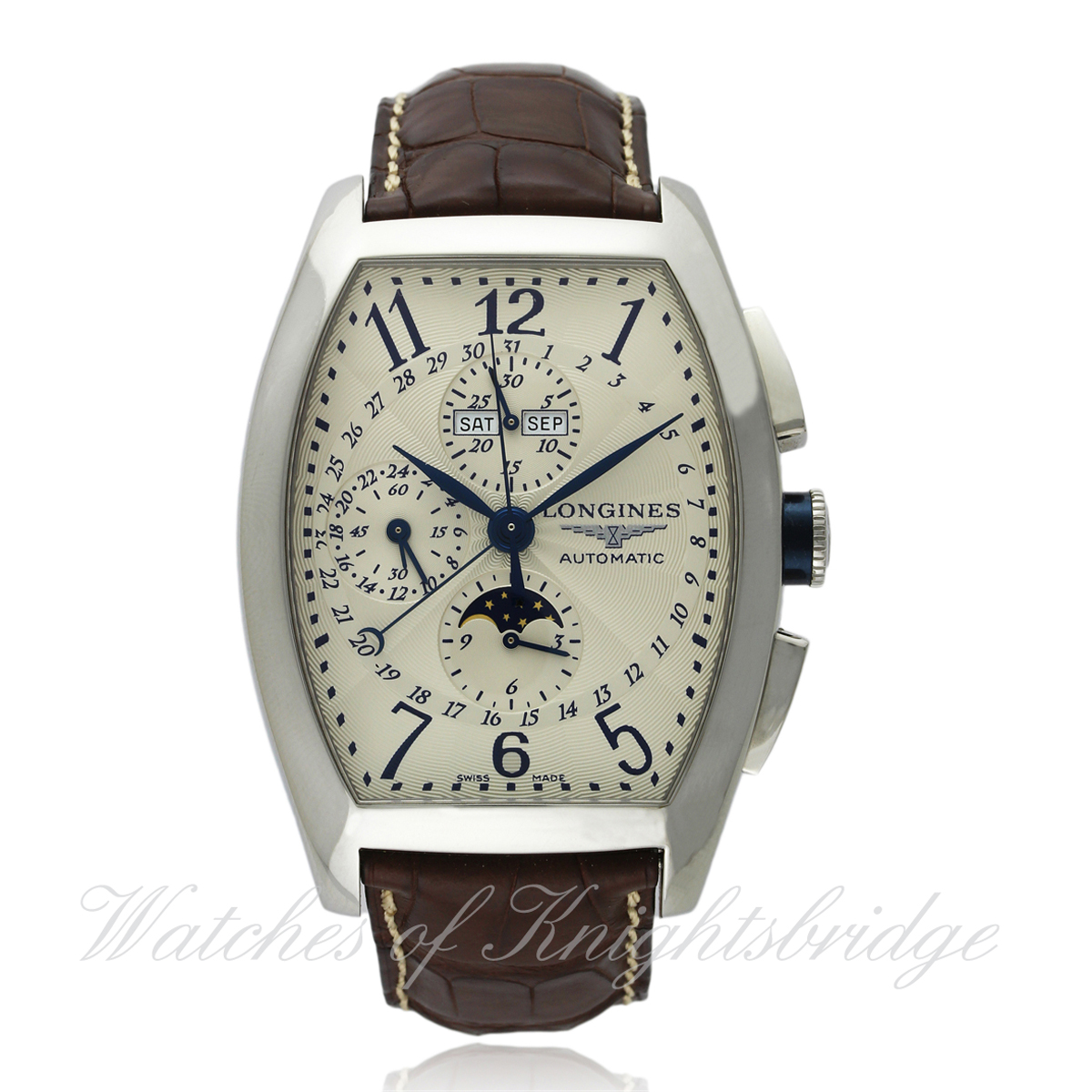 A GENTLEMAN`S STAINLESS STEEL LONGINES EVIDENZA TRIPLE CALENDAR MOONPHASE CHRONOGRAPH WRIST WATCH