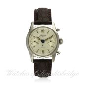 A GENTLEMAN`S STAINLESS STEEL MINERVA CHRONOGRAPH WRIST WATCH CIRCA 1950, REF. 20732 D: Silver