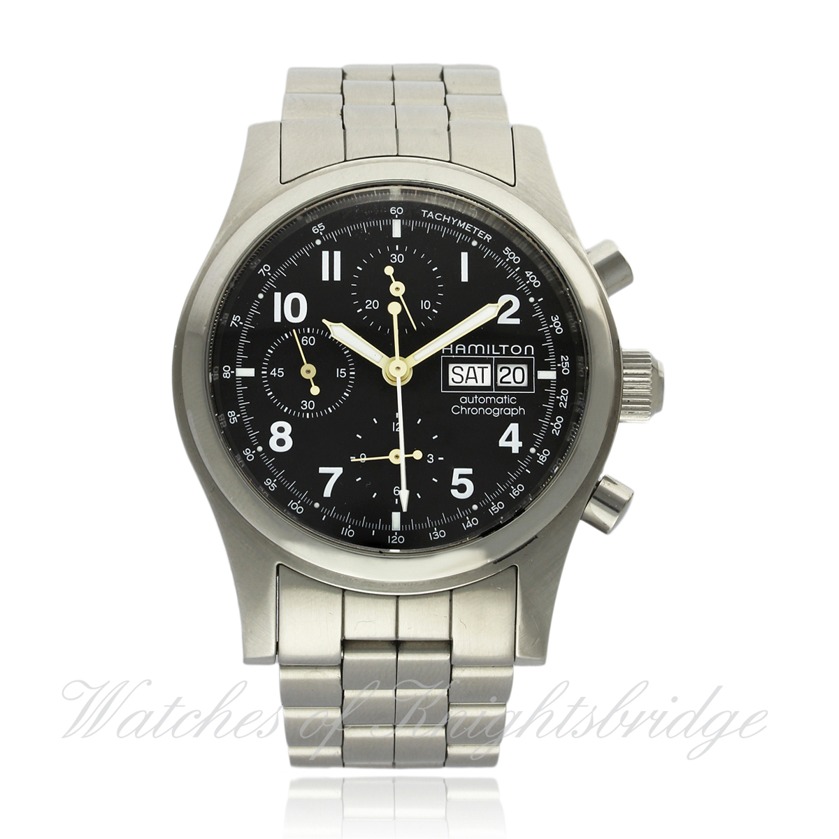 A GENTLEMAN`S STAINLESS STEEL HAMILTON KHAKI PILOT CHRONOGRAPH DAY DATE BRACELET WATCH CIRCA 2005