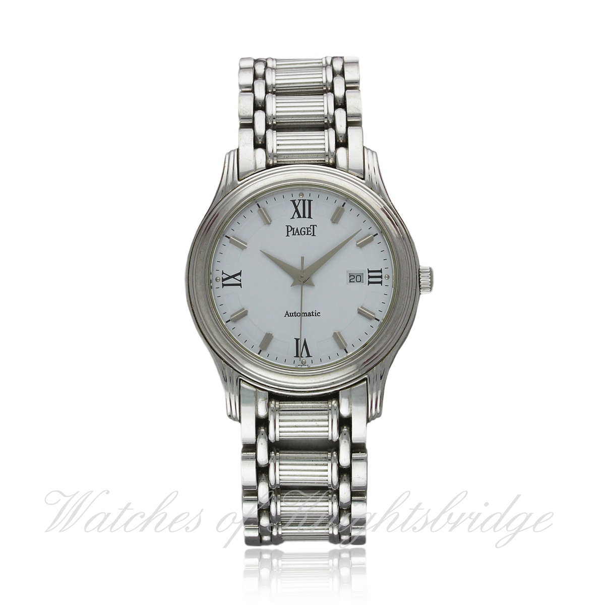 A GENTLEMAN`S 18K SOLID WHITE GOLD PIAGET POLO BRACELET WATCH DATED 2000, REF. 24001 M 501 D WITH