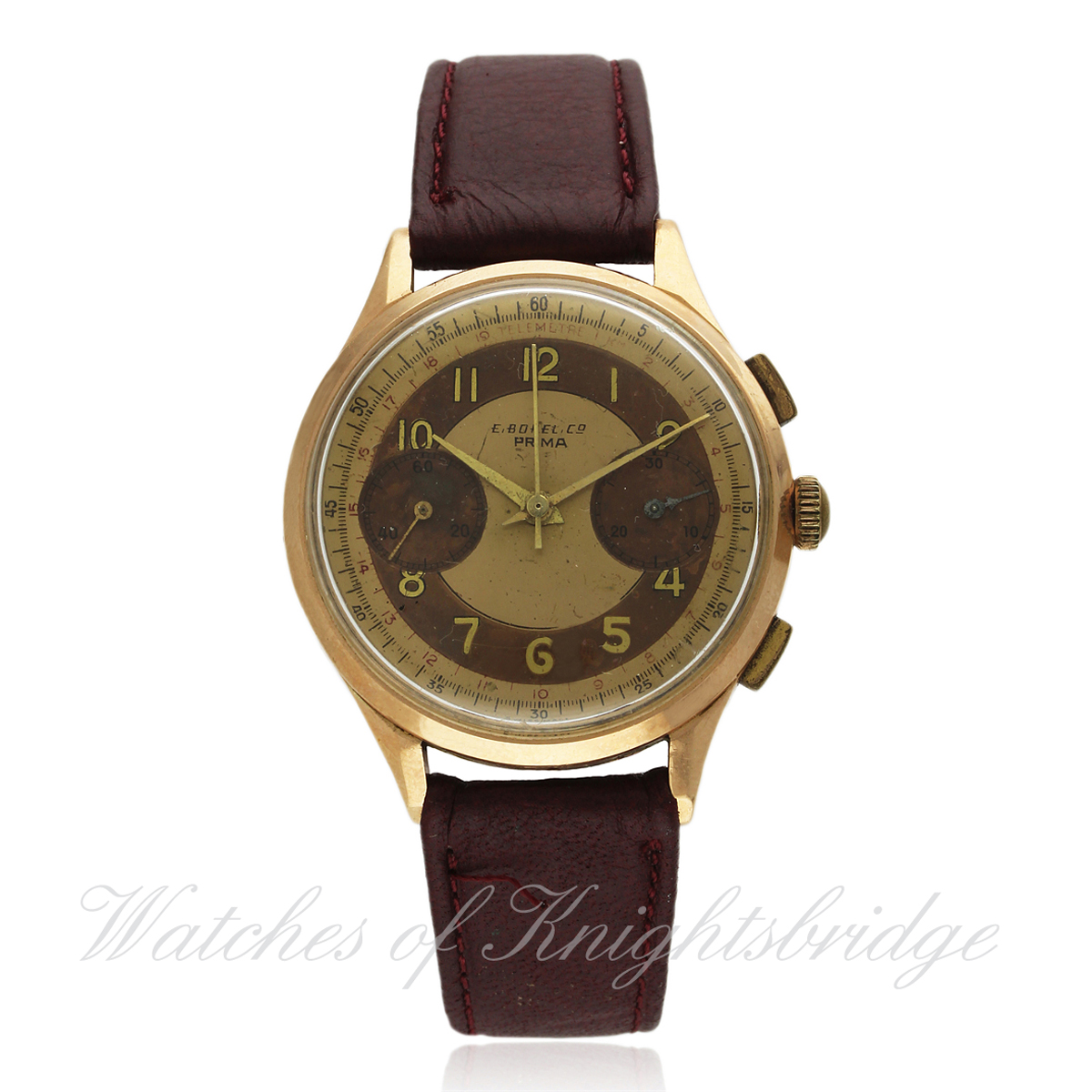 A GENTLEMAN`S 18K SOLID GOLD E, BOREL CO `PRIMA` CHRONOGRAPH WRIST WATCH CIRCA 1940s, REF. 8373 D: