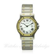 A GENTLEMAN`S STEEL & GOLD CARTIER SANTOS AUTOMATIC BRACELET WATCH CIRCA 1990s D: White dial applied