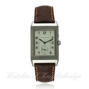 A GENTLEMAN`S STAINLESS STEEL JAEGER LECOULTRE REVERSO DUOFACE NIGHT & DAY WRIST WATCH DATED 2003,