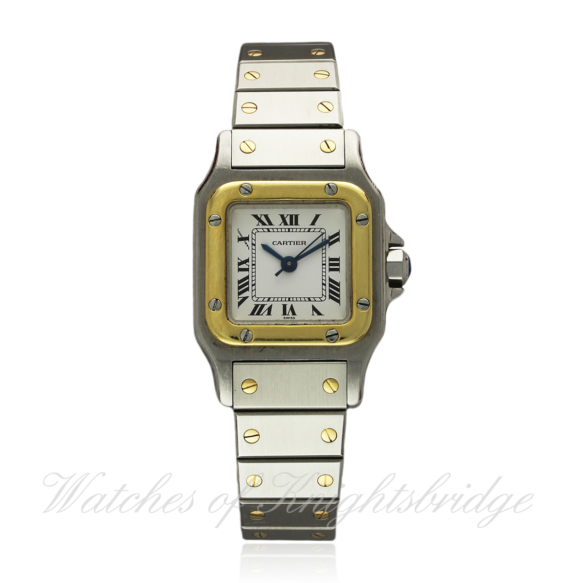 A LADIES STEEL & GOLD CARTIER SANTOS AUTOMATIC BRACELET WATCH CIRCA 1990s D: White dial with applied