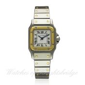 A LADIES STEEL & GOLD CARTIER SANTOS AUTOMATIC BRACELET WATCH CIRCA 1990s D: White dial with applied