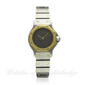 A LADIES STEEL & SOLID GOLD CARTIER SANTOS AUTOMATIC BRACELET WATCH CIRCA 1990s D: Silver-grey dial.