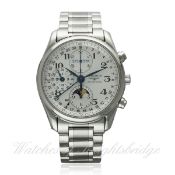 A GENTLEMAN`S STAINLESS STEEL LONGINES TRIPLE CALENDAR MOONPHASE CHRONOGRAPH BRACELET WATCH CIRCA