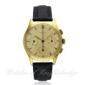 A GENTLEMAN`S 18K SOLID GOLD ZENITH CHRONOGRAPH WRIST WATCH CIRCA 1950 D: Silver dial with gilt hour