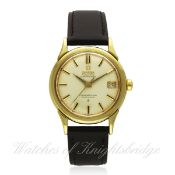 A FINE & RARE GENTLEMAN`S 18K SOLID GOLD OMEGA CONSTELLATION CALENDAR WRIST WATCH CIRCA 1960, REF.