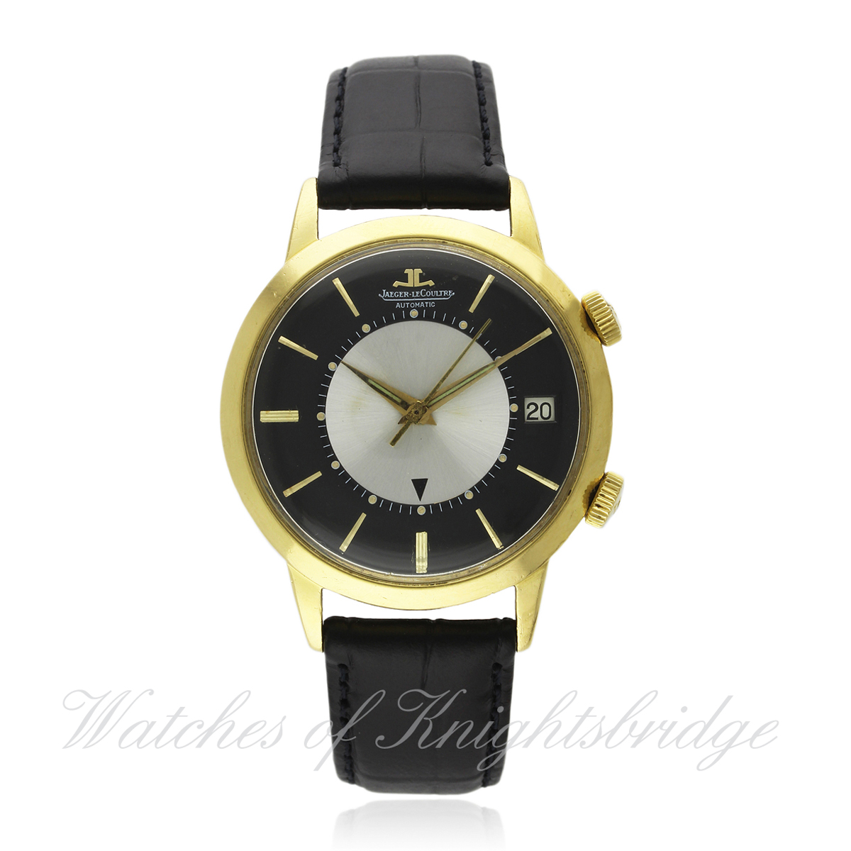 A RARE GENTLEMAN`S 18K SOLID GOLD JAEGER LECOULTRE MEMOVOX AUTOMATIC ALARM WRIST WATCH CIRCA 1960s