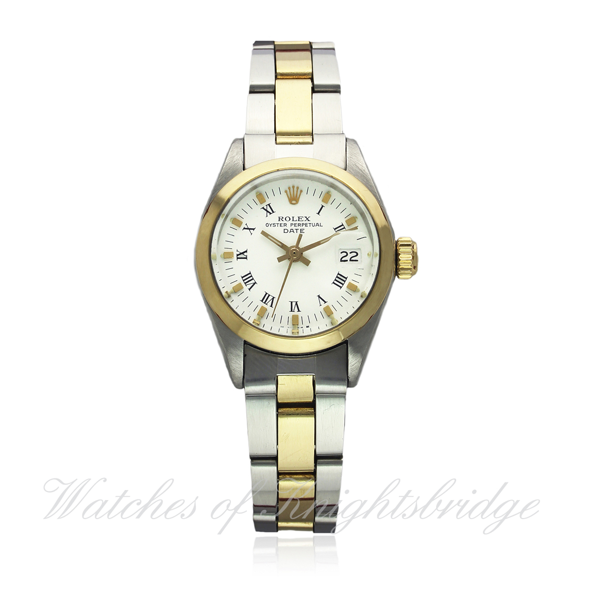 A LADIES STEEL & GOLD ROLEX OYSTER PERPETUAL DATE BRACELET WATCH CIRCA 1971, REF. 6916 D: White dial