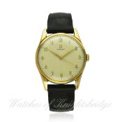 A GENTLEMAN`S 9CT SOLID GOLD OMEGA WRIST WATCH CIRCA 1958, REF. 13339 / 977724 D: Silver dial with