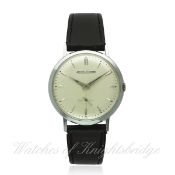 A GENTLEMAN`S CHROME PLATED JAEGER LECOULTRE WRIST WATCH CIRCA 1950s D: Silver dial with silver