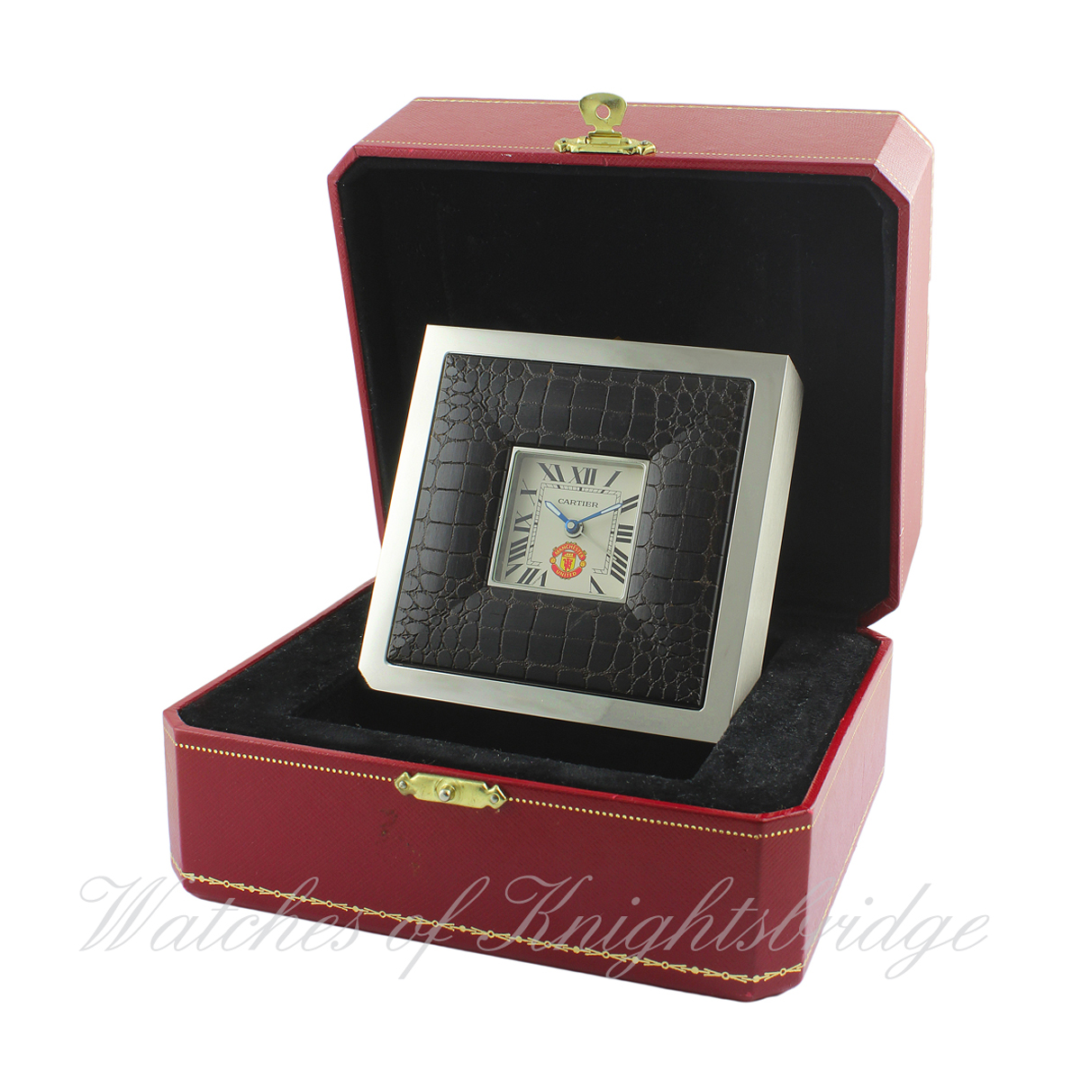 A RARE SPECIAL EDITION STAINLESS STEEL & LEATHER CARTIER ALARM DESK CLOCK CIRCA 2010, REF. 2747 WITH