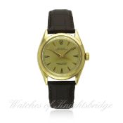 A RARE GENTLEMAN`S 14K SOLID GOLD ROLEX OYSTER PERPETUAL CHRONOMETER WRIST WATCH CIRCA 1950s, REF.