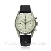 A RARE GENTLEMAN`S STAINLESS STEEL HEUER CARRERA `DECI` CHRONOGRAPH WRIST WATCH CIRCA 1960s