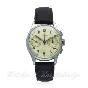 A GENTLEMAN`S CHROME PLATED LEONIDAS CHRONOGRAPH WRIST WATCH CIRCA 1940s D: Silver dial with applied