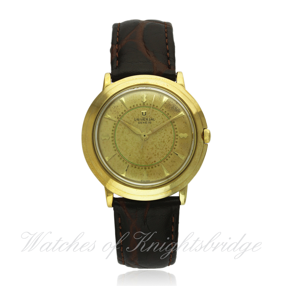 A GENTLEMAN`S 14K SOLID GOLD UNIVERSAL GENEVE WRIST WATCH CIRCA 1960s D: Champagne dial with gilt "