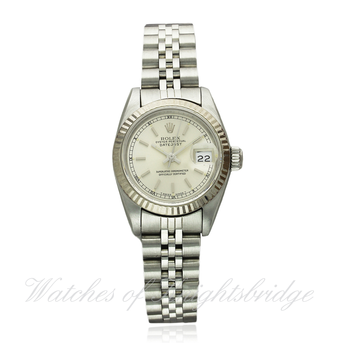 A LADIES STEEL & WHITE GOLD ROLEX OYSTER PERPETUAL DATEJUST BRACELET WATCH DATED 1989, REF. 69174 D: