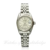 A LADIES STEEL & WHITE GOLD ROLEX OYSTER PERPETUAL DATEJUST BRACELET WATCH DATED 1989, REF. 69174 D: