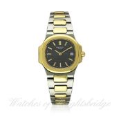 A LADIES STEEL & GOLD PATEK PHILIPPE NAUTILUS BRACELET WATCH CIRCA 1990s D: Black dial with gold