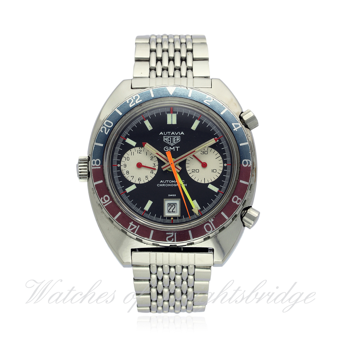 A RARE GENTLEMAN`S STAINLESS STEEL HEUER AUTAVIA GMT CHRONOGRAPH BRACELET WATCH CIRCA 1972 REF. 1163