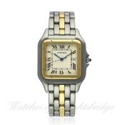 A GENTLEMAN`S STEEL & GOLD CARTIER PANTHERE "JUMBO" BRACELET WATCH CIRCA 1990 D: Silver dial with