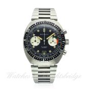 A GENTLEMAN`S STAINLESS STEEL MARVIN CHRONOGRAPH BRACELET WATCH CIRCA 1970s D: Black dial with